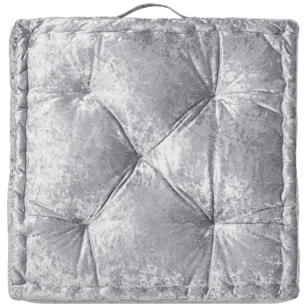 Silver floor pillow pairs soft tufting with a padded square border and a carry loop. || FLP1001G-1818 || back_studio