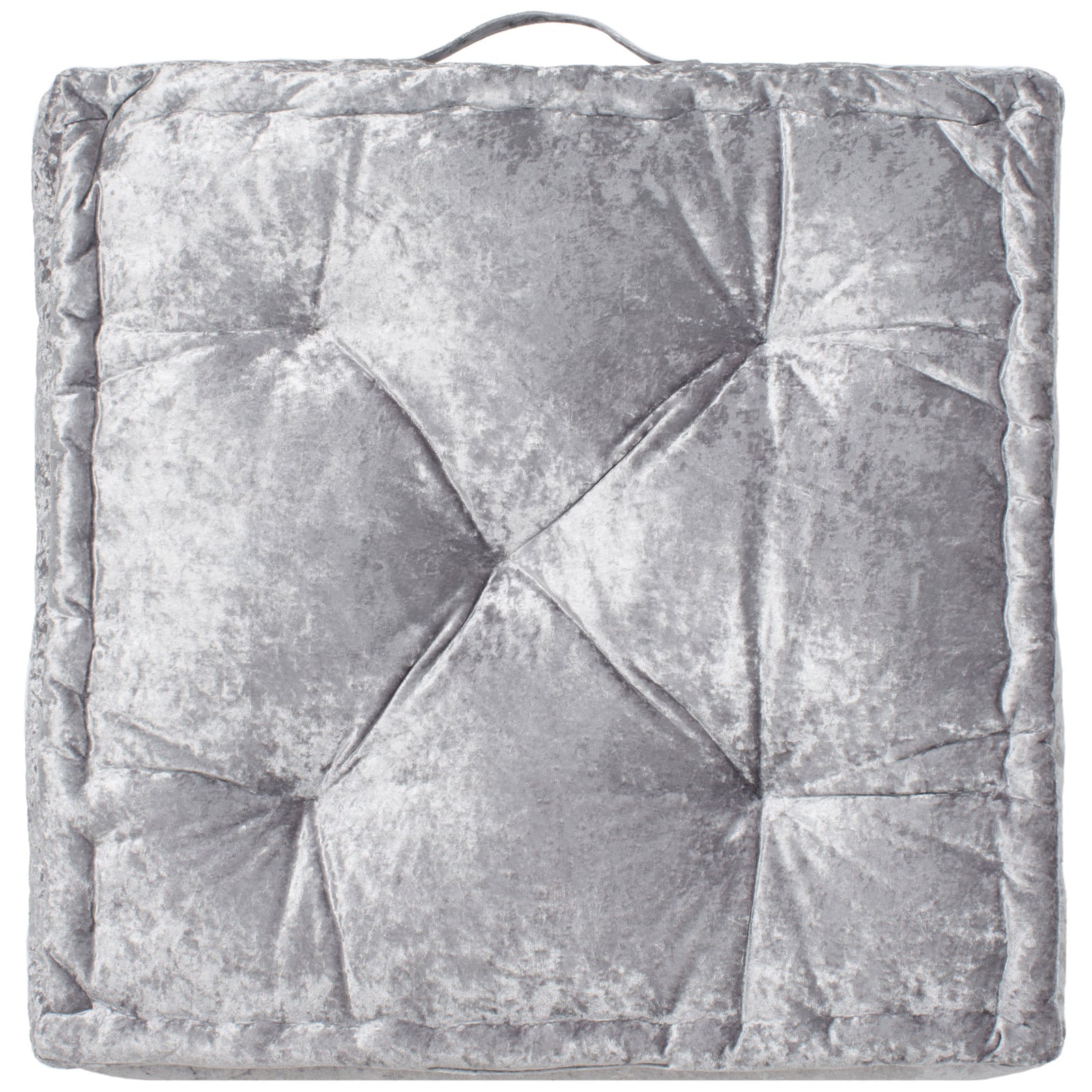 Silver floor pillow pairs soft tufting with a padded square border and a carry loop. || FLP1001G-1818 || back_studio