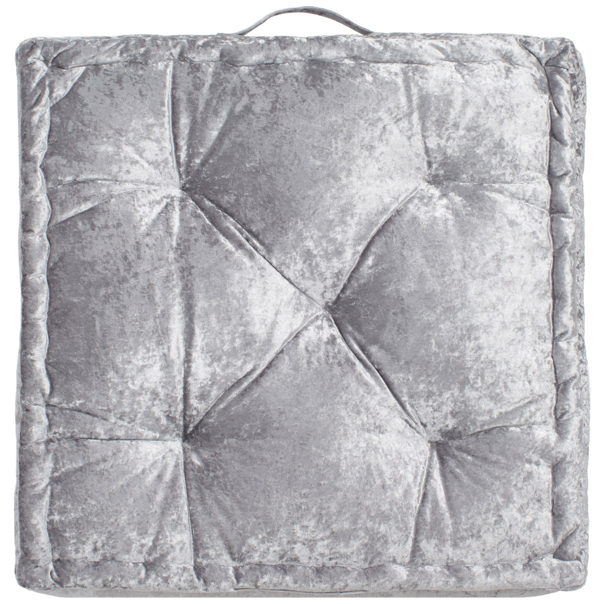 A lustrous silver floor cushion features dimpled tufting and a plush raised edge. || FLP1001G-1818 || front_studio