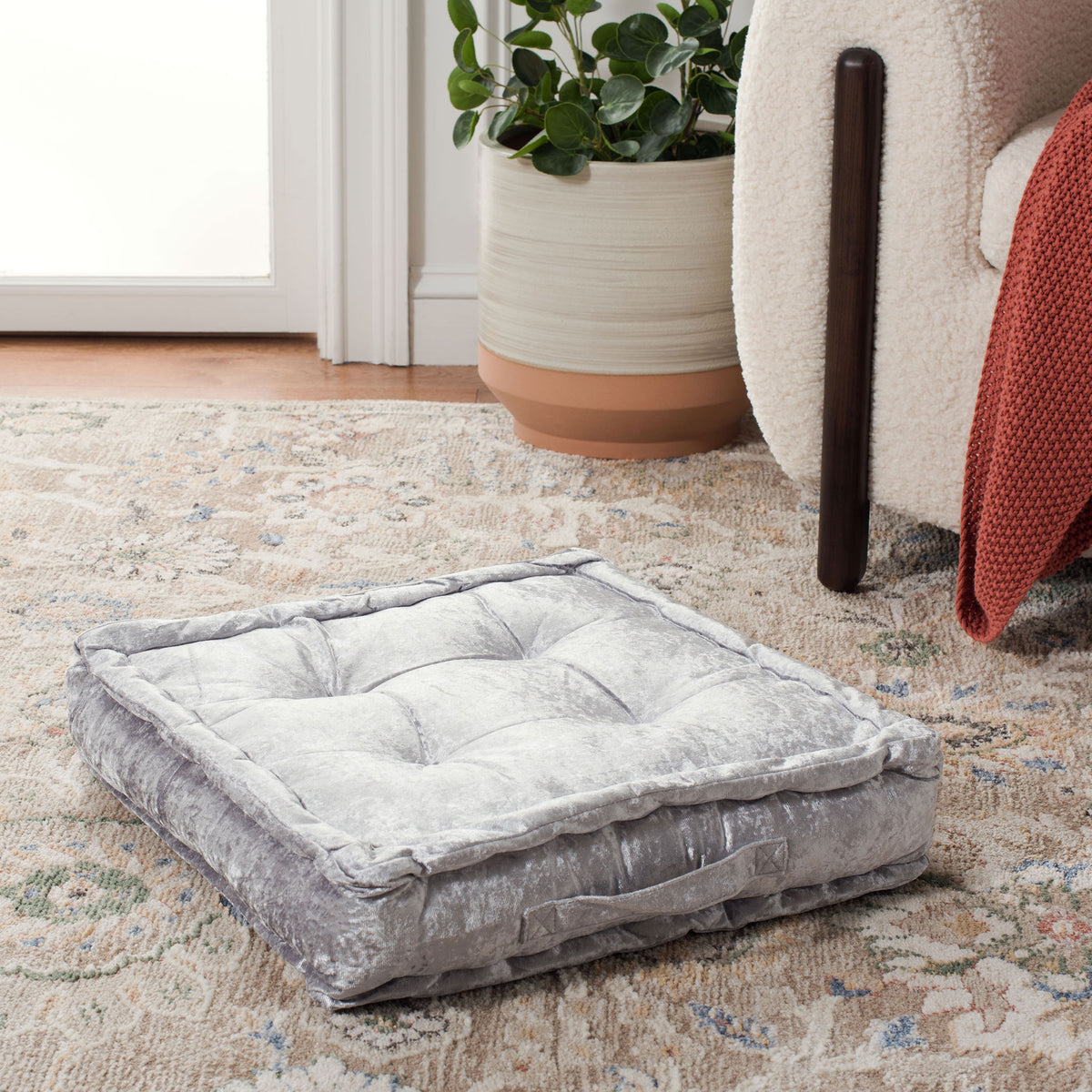 Silver velvet-like fabric and generous padding create an inviting floor cushion. || FLP1001G-1818 || front_angle_room