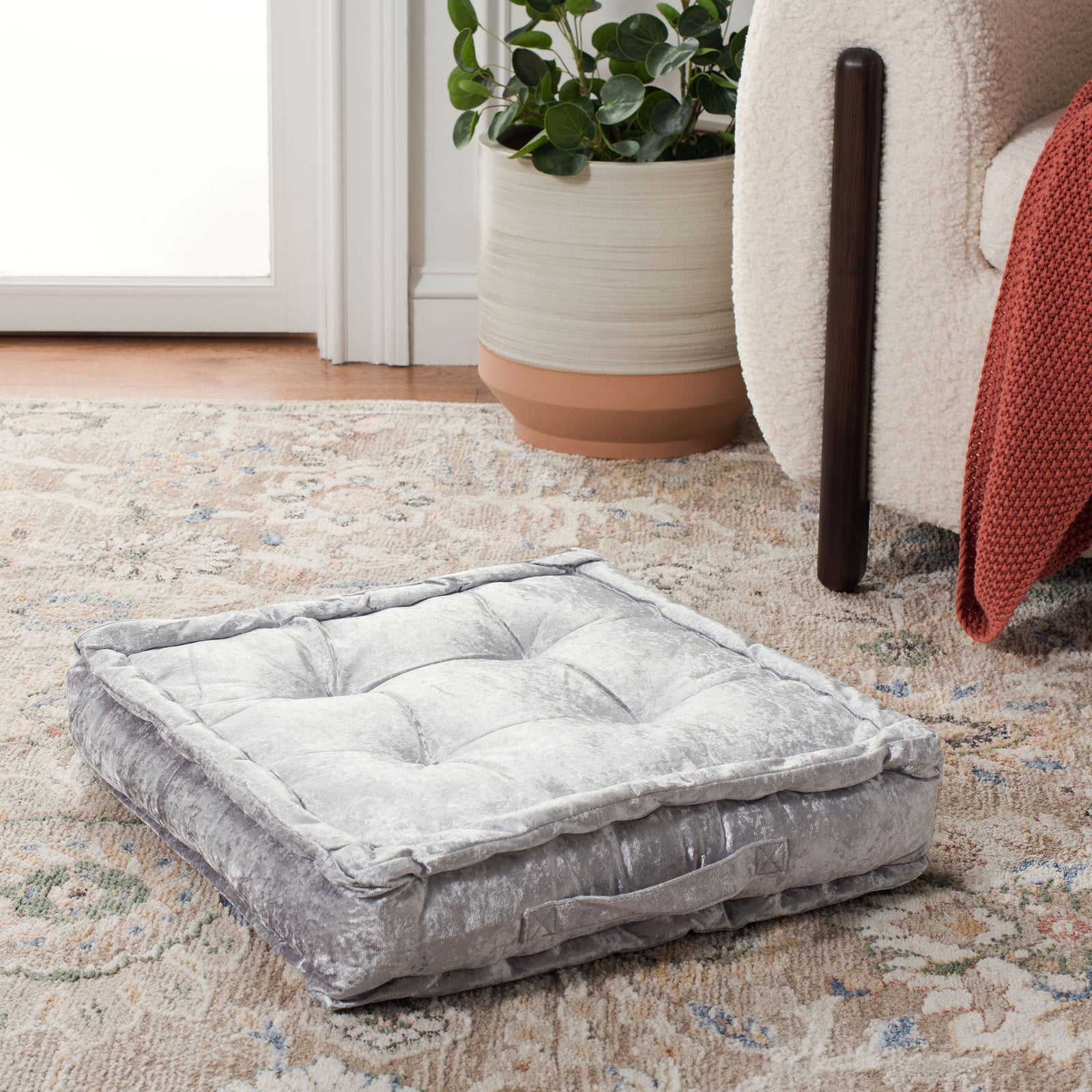 Silver velvet-like fabric and generous padding create an inviting floor cushion. || FLP1001G-1818 || front_angle_room