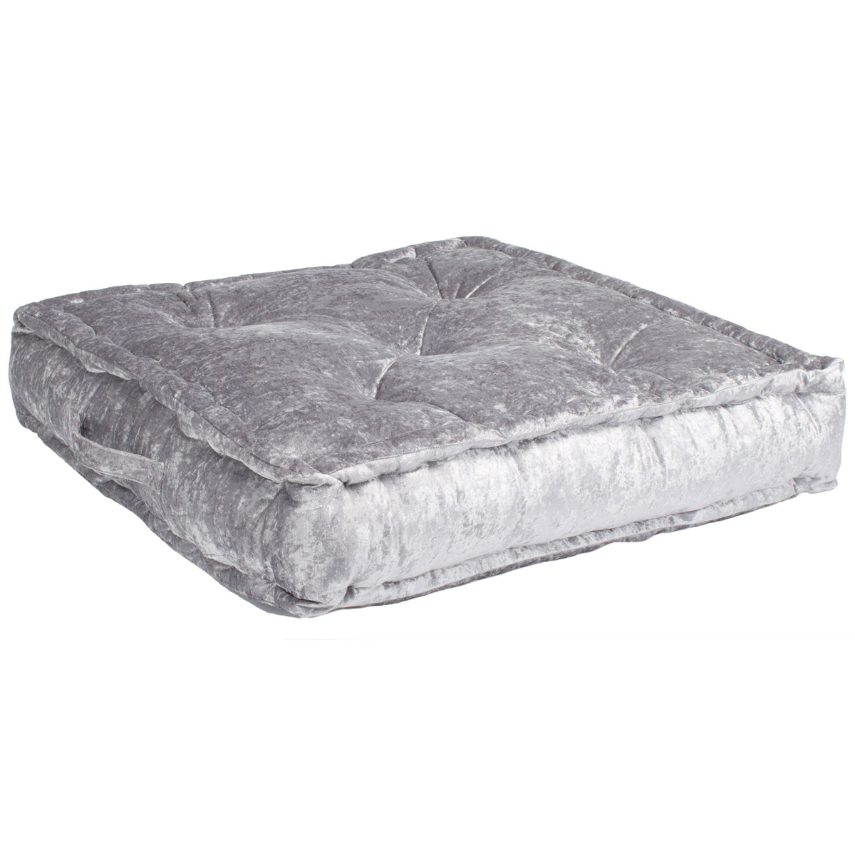 Thick silver cushion combines softly tufted fabric, piped edges, and a cool sheen. || FLP1001G-1818 || front_angle_studio