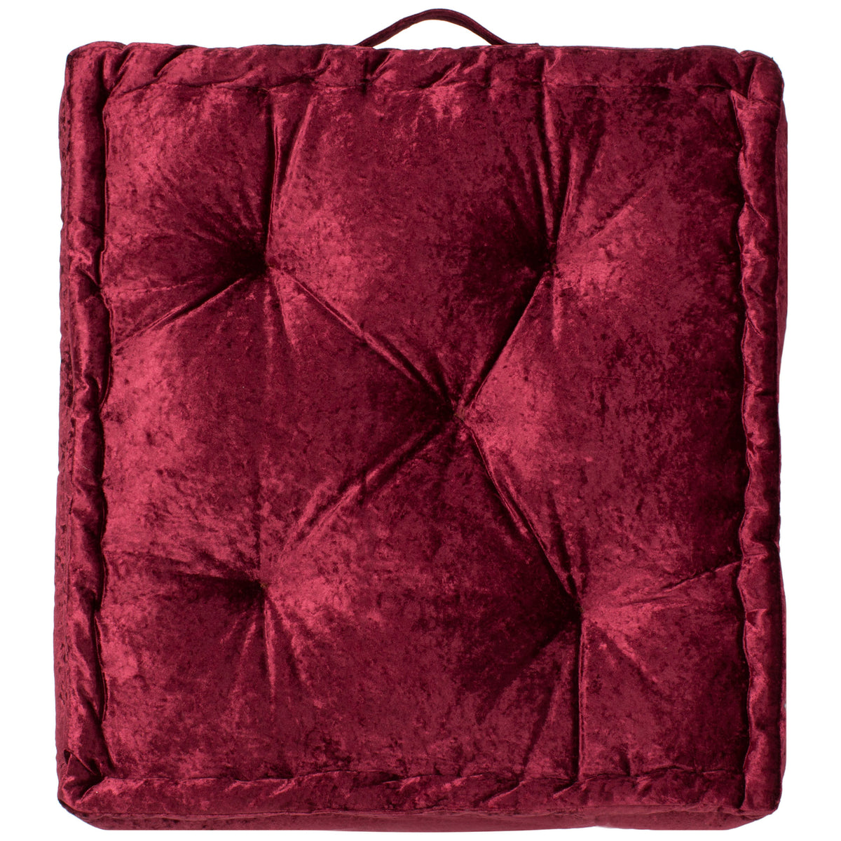 Deep burgundy floor pillow combines tufted fabric with a plush border and carry loop. || FLP1001H-1818 || back_studio