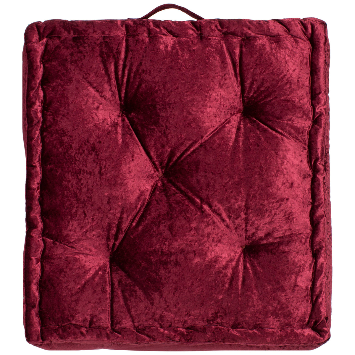 Rich burgundy floor cushion pairs deep tufting with a soft, tailored square shape. || FLP1001H-1818 || front_studio