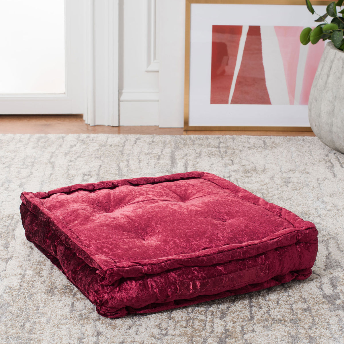 Burgundy velvet-like fabric and generous padding bring warmth to floor seating. || FLP1001H-1818 || front_angle_room