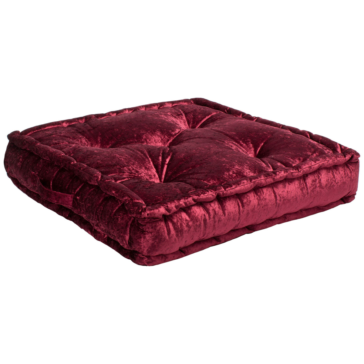 A thick burgundy cushion shows sculpted tufting and a cushioned, velvety edge. || FLP1001H-1818 || front_angle_studio