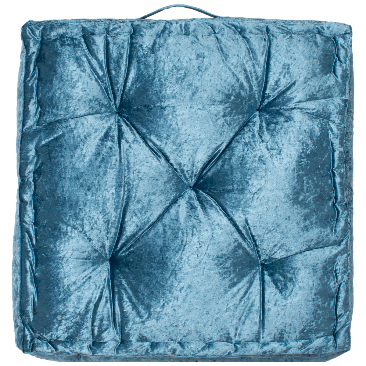 Dark turquoise floor pillow pairs bold tufting with a cushioned border and carry loop. || FLP1001K-2424 || back_studio