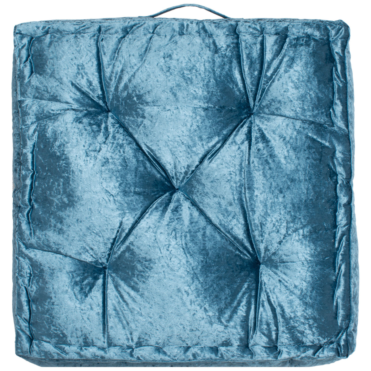 Rich turquoise floor cushion features deep tufting, a plush square shape, and a matching loop. || FLP1001K-2424 || front_studio