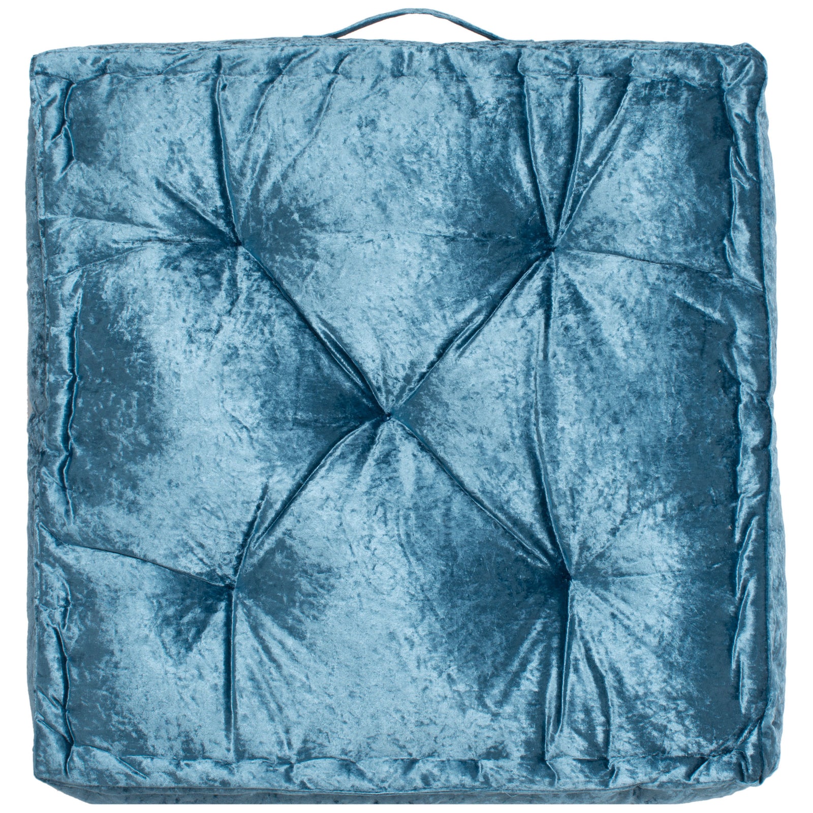 Rich turquoise floor cushion features deep tufting, a plush square shape, and a matching loop. || FLP1001K-2424 || front_studio