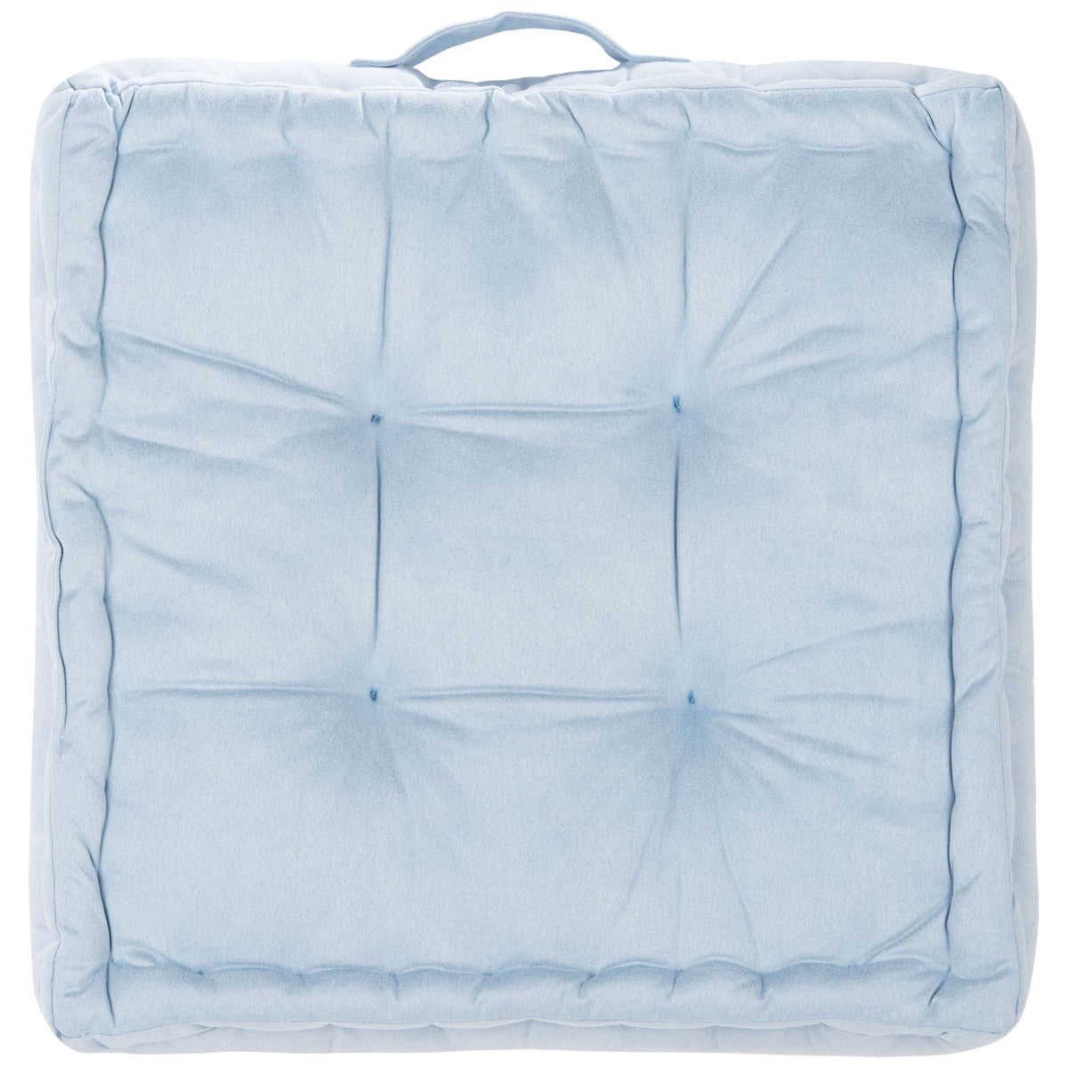 Pale blue floor pillow with tufted reverse padding, a cushioned border, and a fabric handle || FLP1002A || back_studio