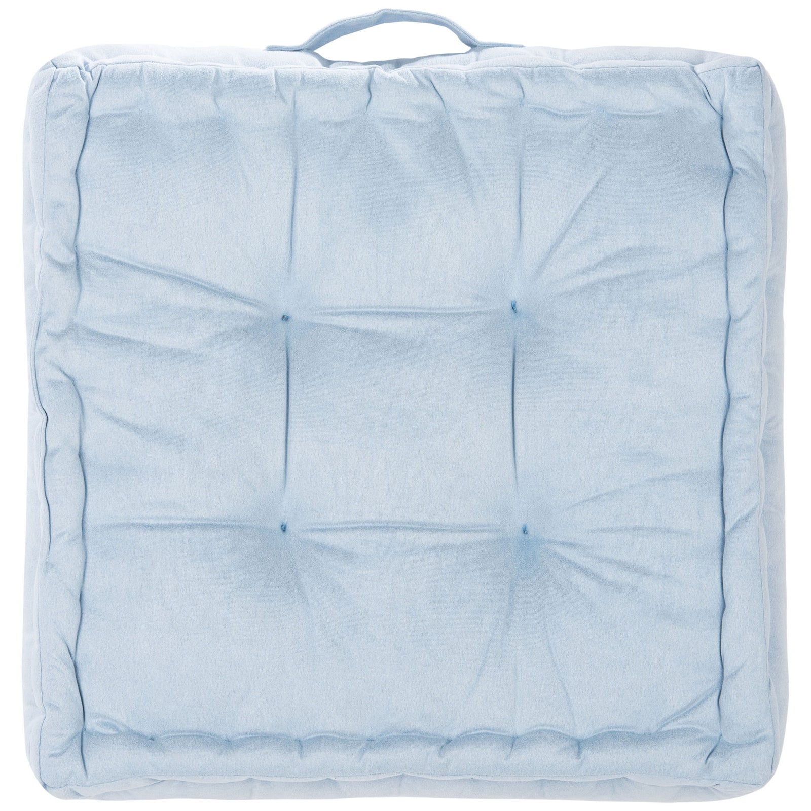 Pale blue floor pillow with tufted reverse padding, a cushioned border, and a fabric handle || FLP1002A || back_studio