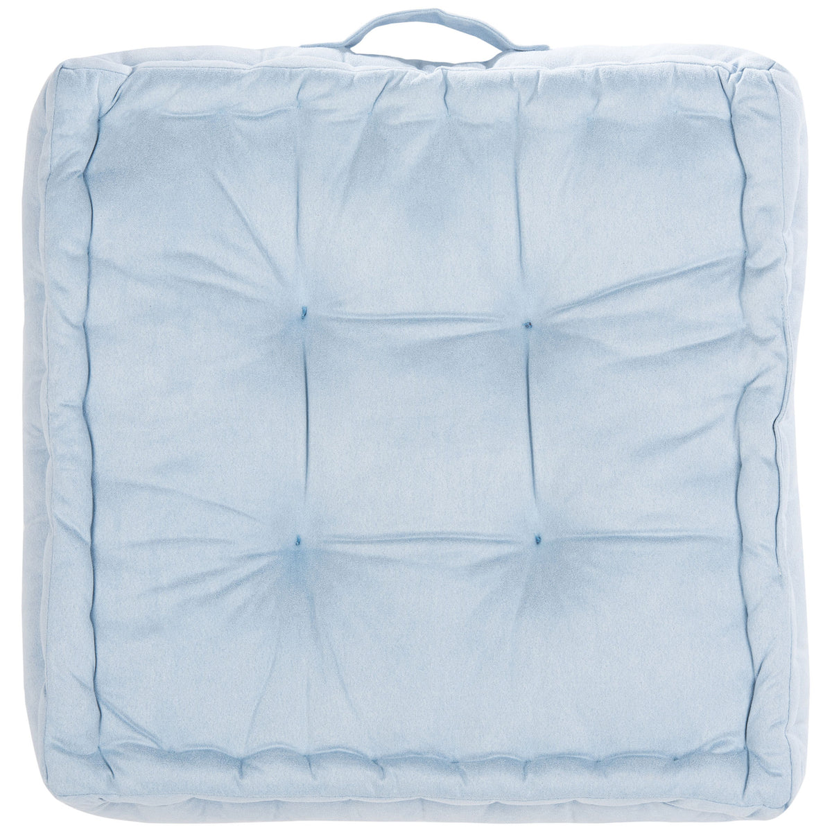 Square pale blue floor pillow with grid tufting, plump trim, and a convenient carry handle || FLP1002A || front_studio