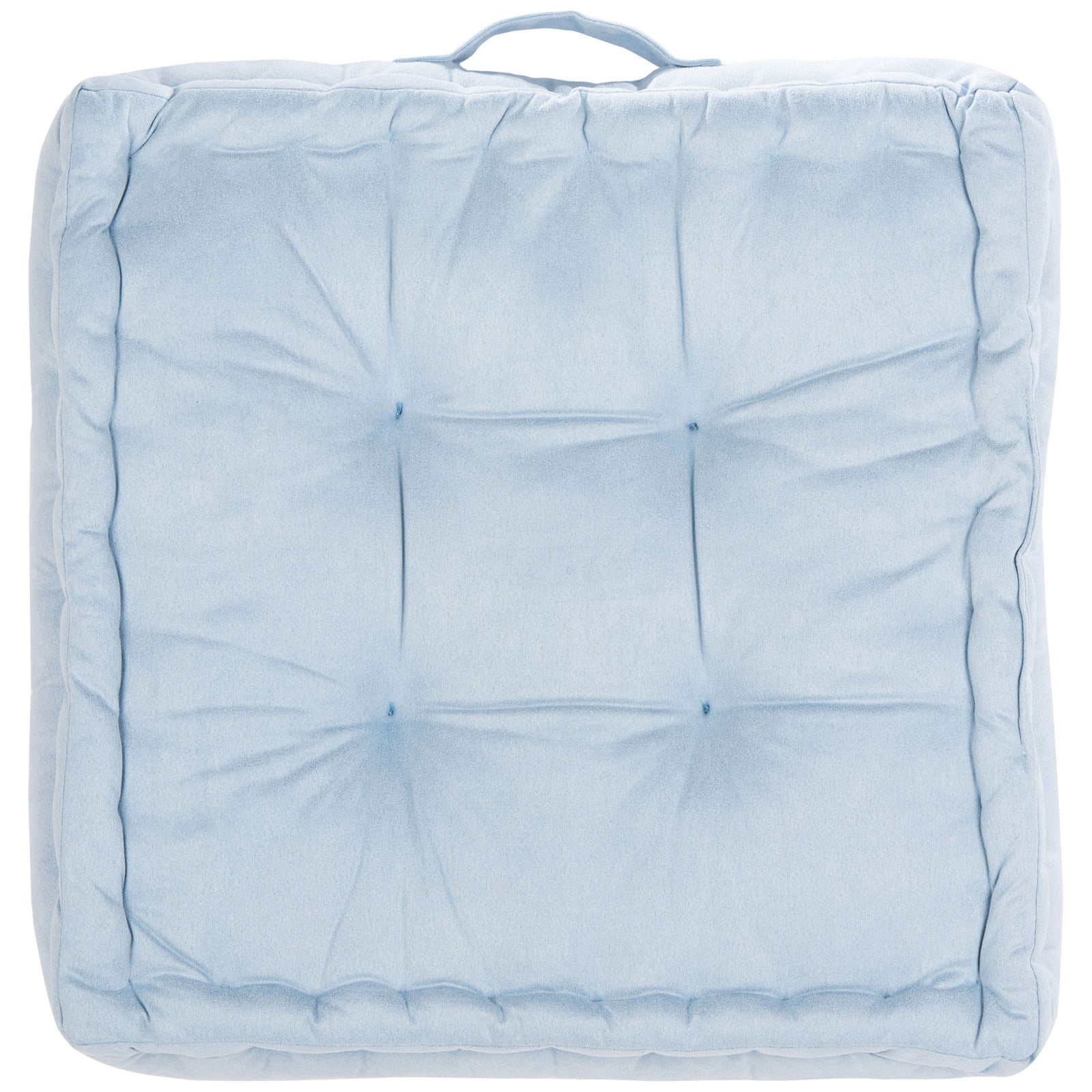 Square pale blue floor pillow with grid tufting, plump trim, and a convenient carry handle || FLP1002A || front_studio