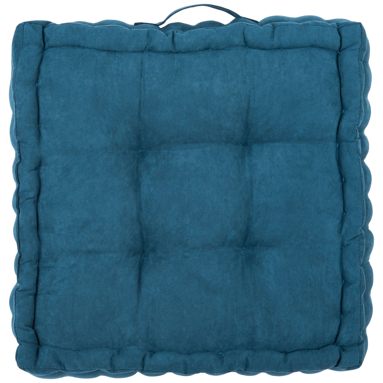 Dark turquoise floor pillow with subtle reverse tufting, cushioned edges, and a fabric carry handle || FLP1002B || back_studio