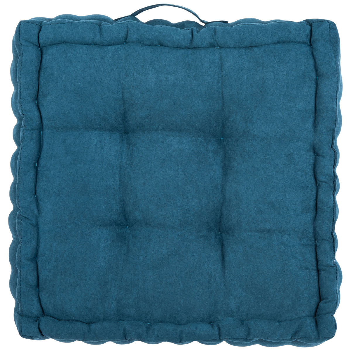 Square dark turquoise floor pillow with grid tufting and an easy-carry fabric handle || FLP1002B || front_studio