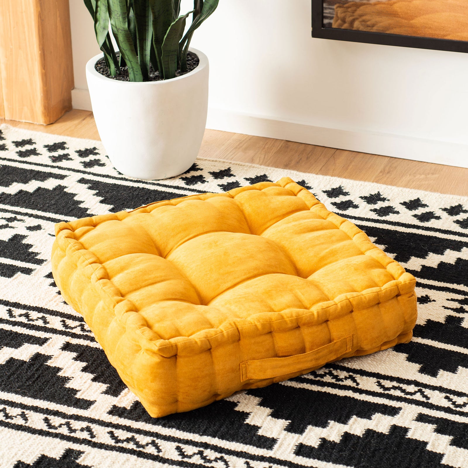 Golden ginger floor pillow with plump tufting, padded edges, and a side carry handle || FLP1002C || front_angle_room