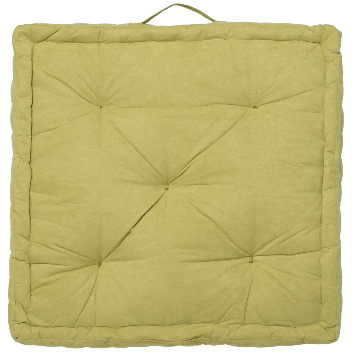 Soft green floor pillow with pinched tufting, cushioned edges, and a fabric carry handle || FLP1002F || back_studio