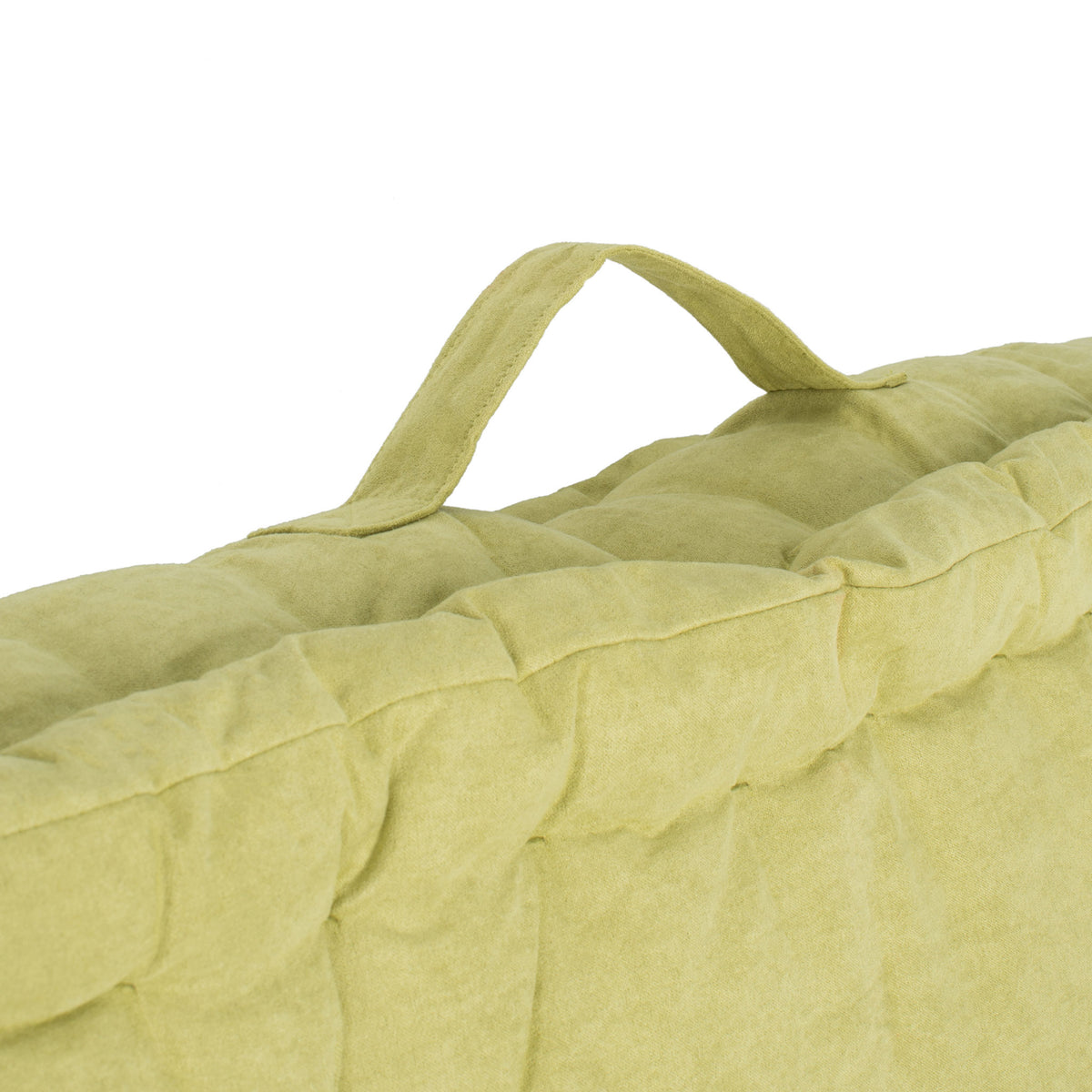 Soft green floor pillow with an arched fabric carry strap and a thick, padded edge || FLP1002F || handle_studio