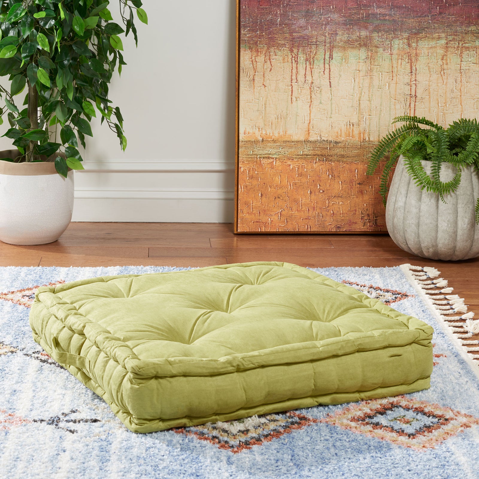 Muted green floor pillow with plush tufting and a thick cushion for cozy floor seating || FLP1002F || front_angle_room