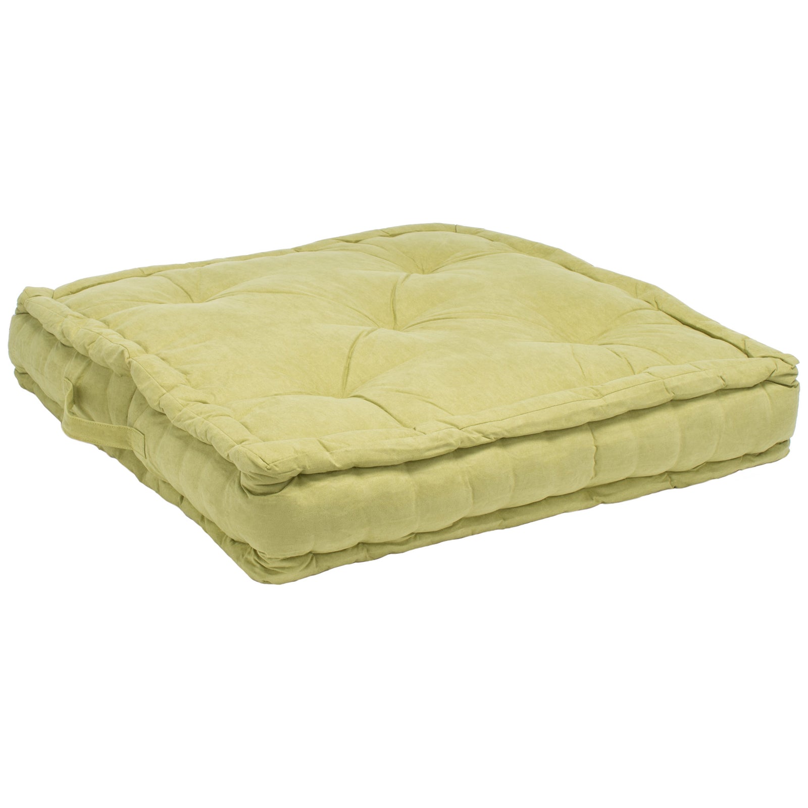 Light green floor pillow with pillowy tufting and a low, cushioned square profile || FLP1002F || front_angle_studio