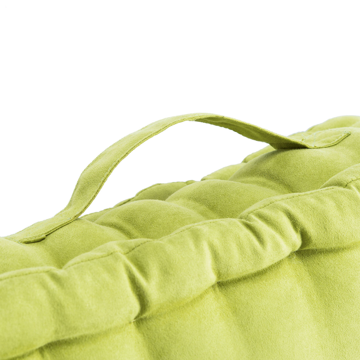Bright green floor pillow with a convenient fabric carry strap and soft, gathered trim || FLP1002F || handle_studio