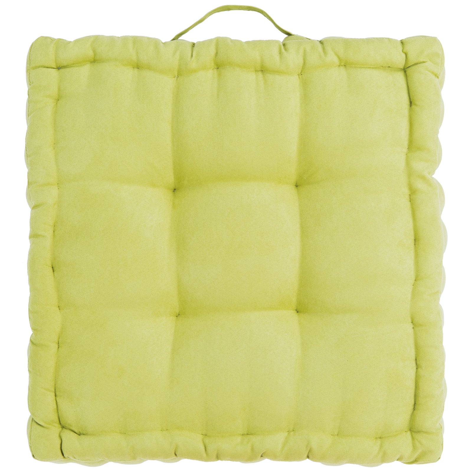 Square light green floor pillow with even grid tufting, plump trim, and a carry handle || FLP1002F || front_studio