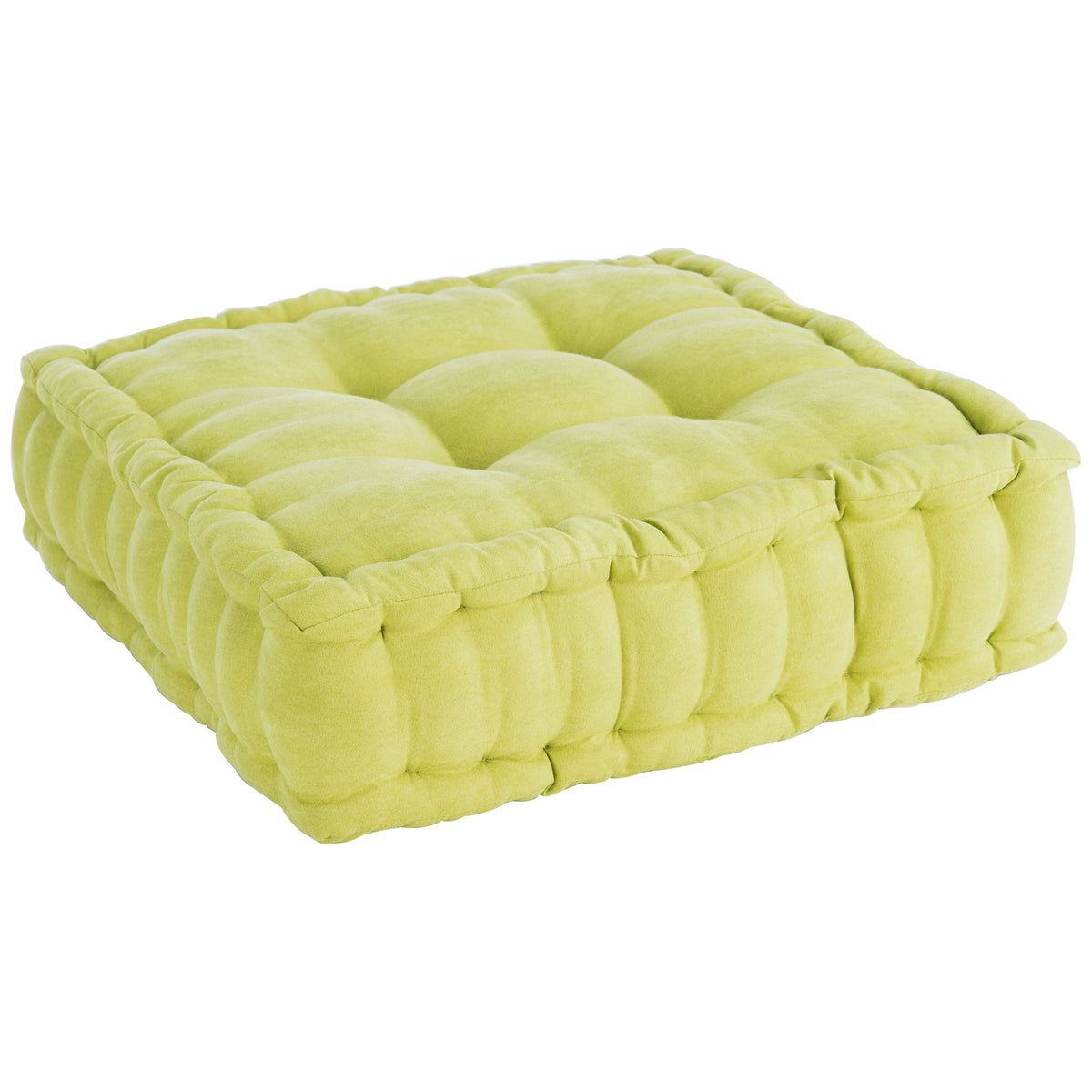 Pale lime green floor pillow with lofty tufting and a thick, pillowy perimeter || FLP1002F || front_angle_studio
