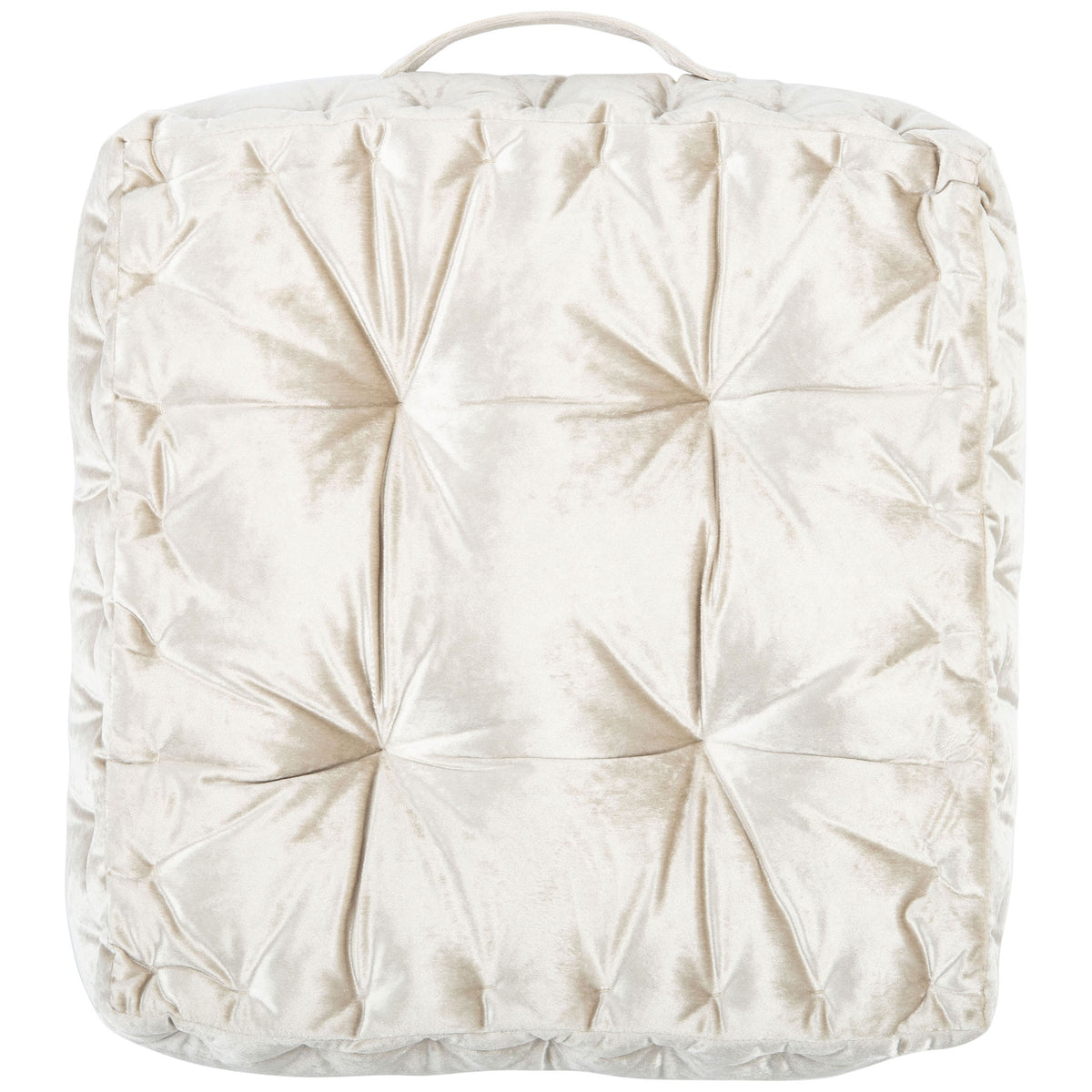 White velvet floor pillow with floral-inspired tufting and a convenient carry handle || FLP1003A || front_studio