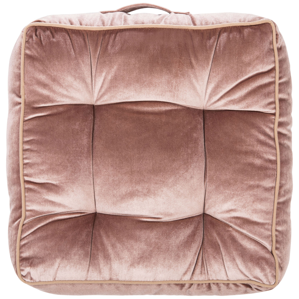 Soft pink velvet floor pillow with gathered tufting, light piping, and an easy-carry handle || FLP1004C || back_studio