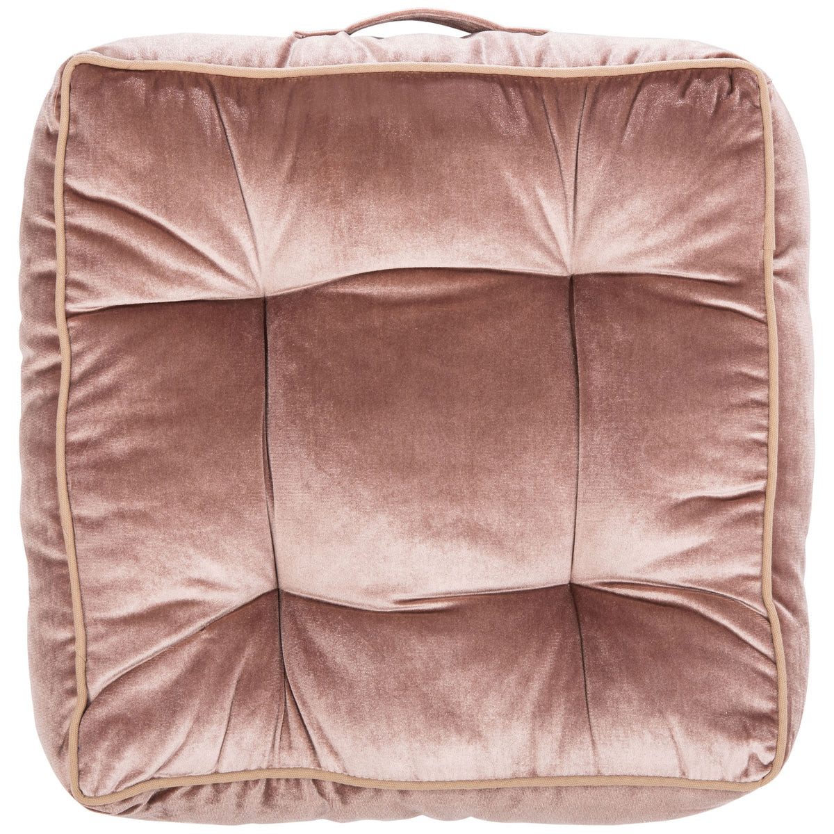 Blush pink velvet floor cushion with tailored piping and a pillowy tufted surface || FLP1004C || front_studio
