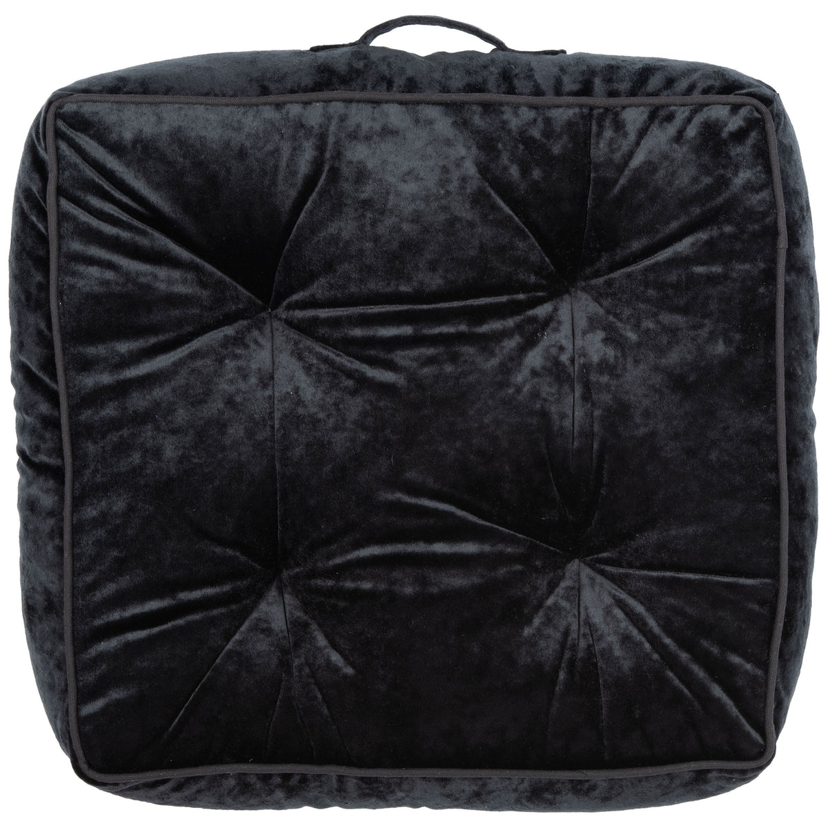 Square black velvet floor pillow with softly sculpted tufting and a built-in handle || FLP1004D || front_studio