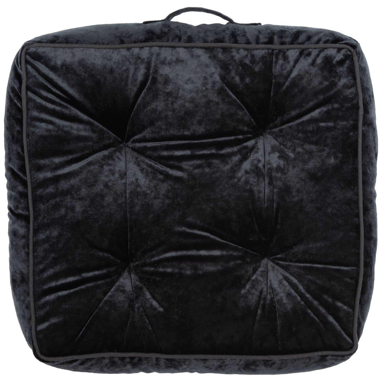 Square black velvet floor pillow with softly sculpted tufting and a built-in handle || FLP1004D || front_studio