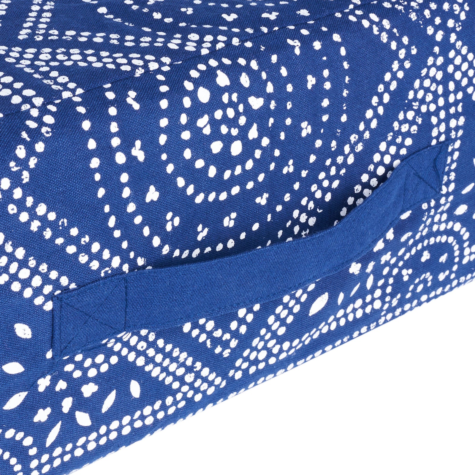 Navy fabric carry handle complements the floor pillow's intricate white dotted pattern || FLP1010A || handle_studio