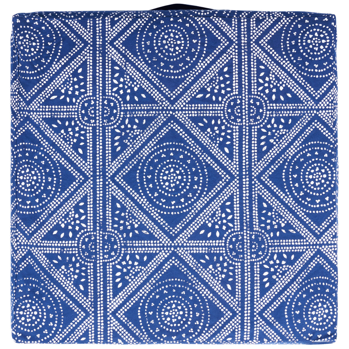 Square floor pillow in navy with white geometric medallions and diamond borders || FLP1010A || front_studio