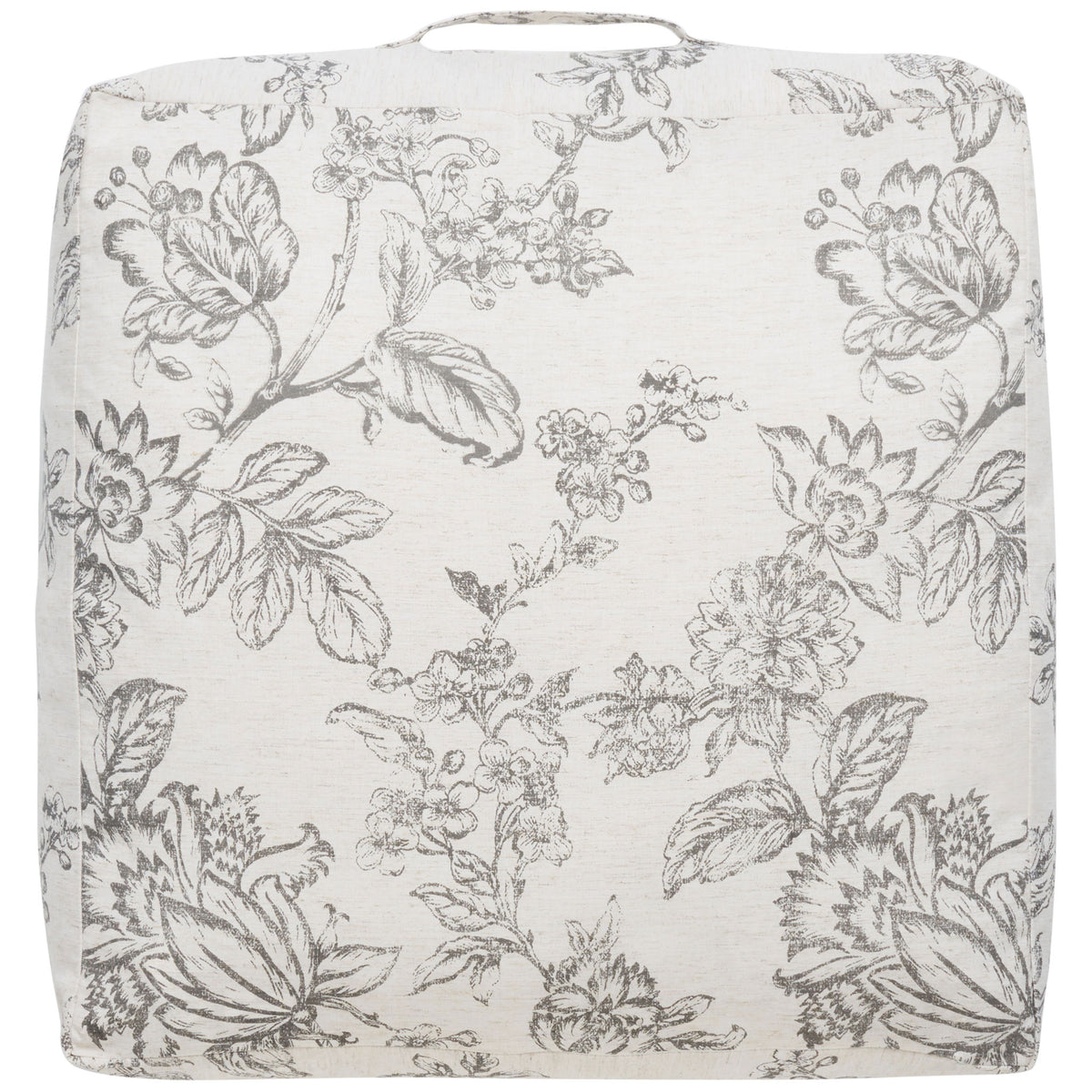 Gray botanical blooms cover this generously sized beige floor cushion. || FLP1011A || back_studio