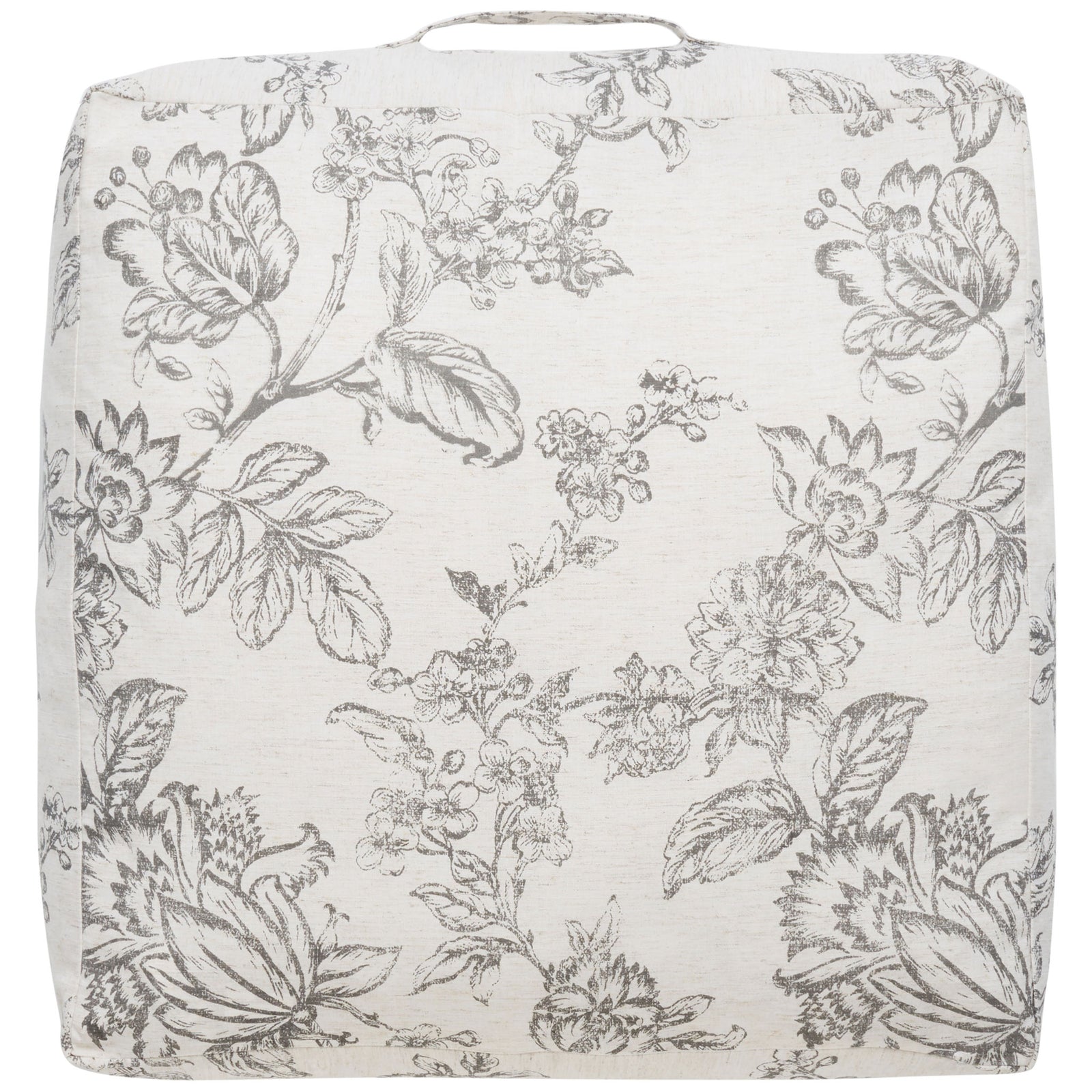 Beige square floor pillow features an intricate gray floral print and a fabric handle. || FLP1011A || front_studio