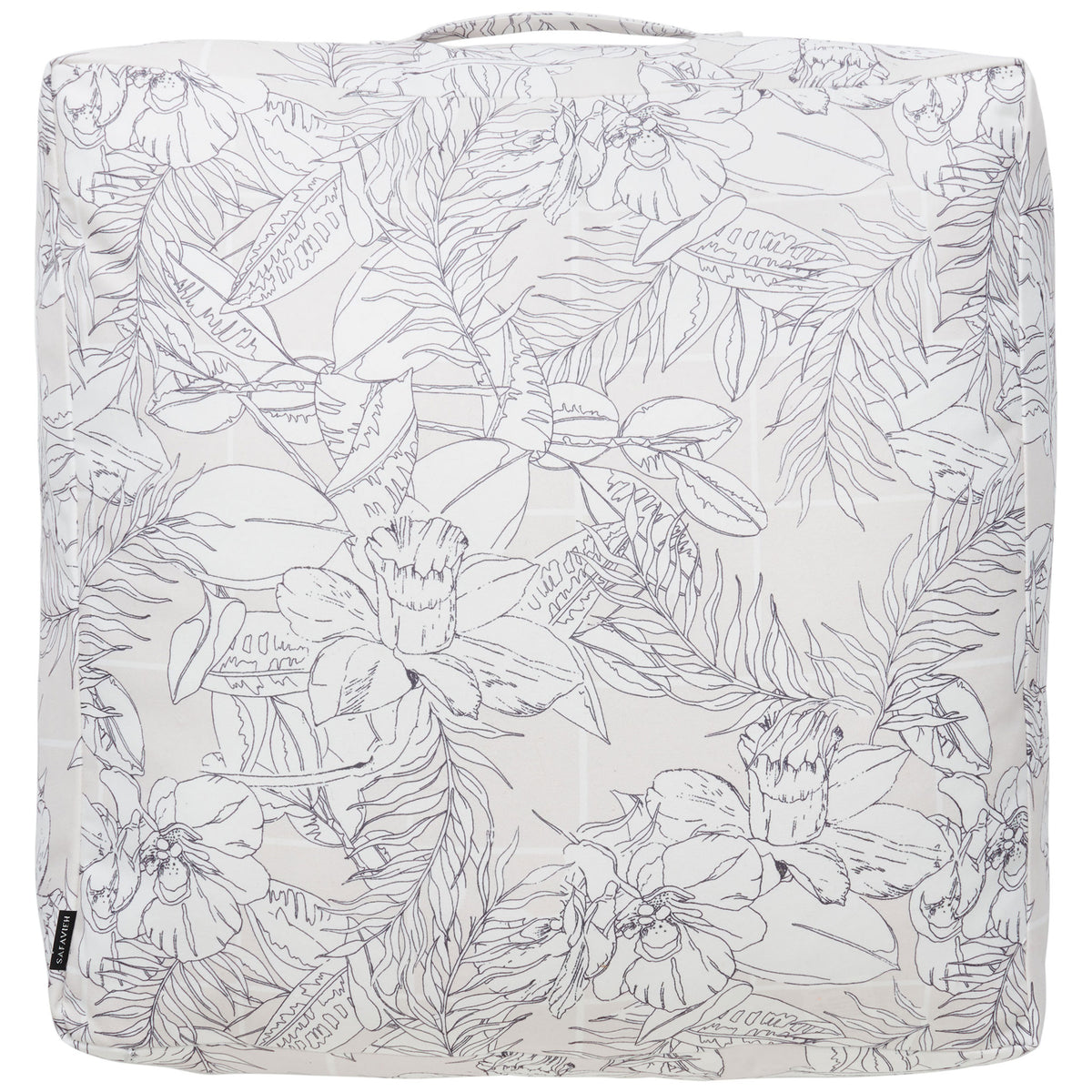 Beige floor pillow with delicate black botanical linework and a sewn-in fabric handle. || FLP1012A || back_studio