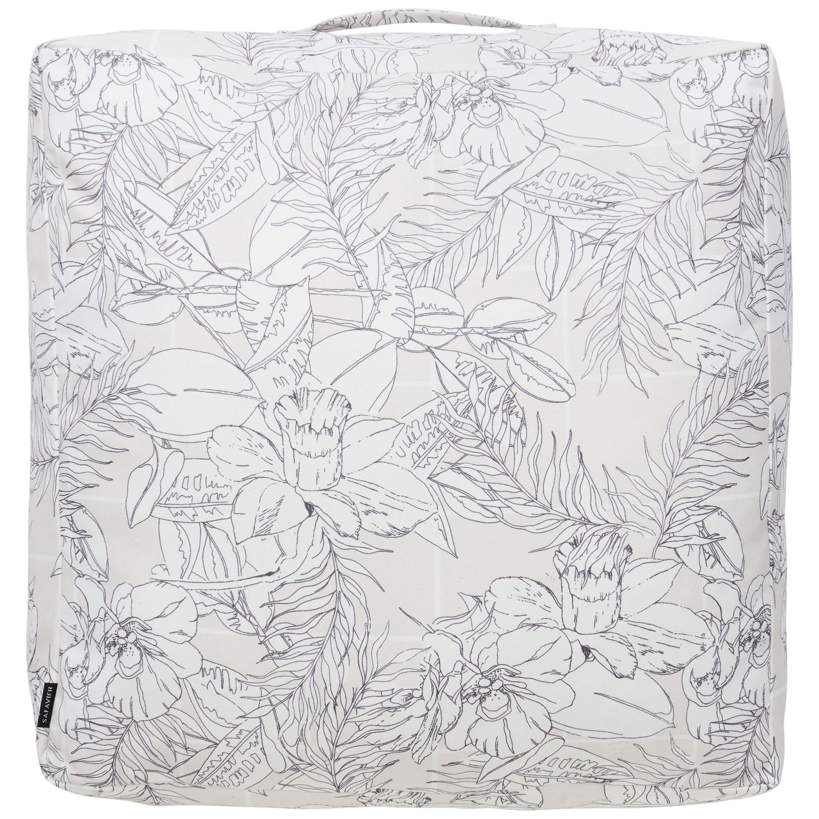 Plush square floor pillow pairs beige fabric with an allover black floral and foliage print. || FLP1012A || front_studio