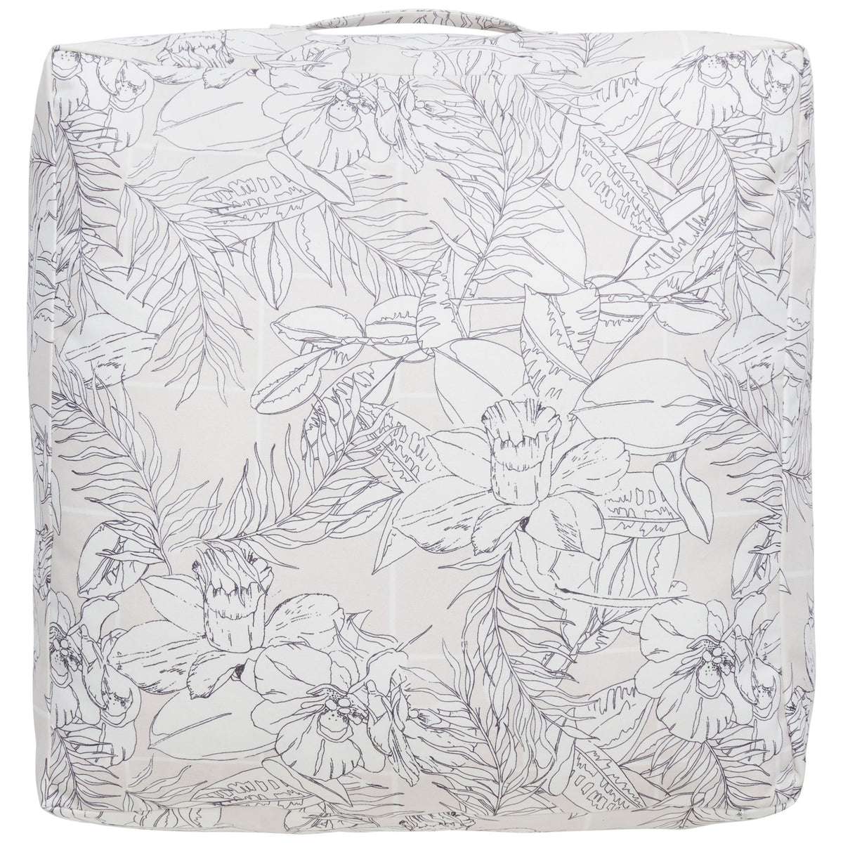 Plush square floor pillow pairs beige fabric with an allover black floral and foliage print. || FLP1012A || front_studio