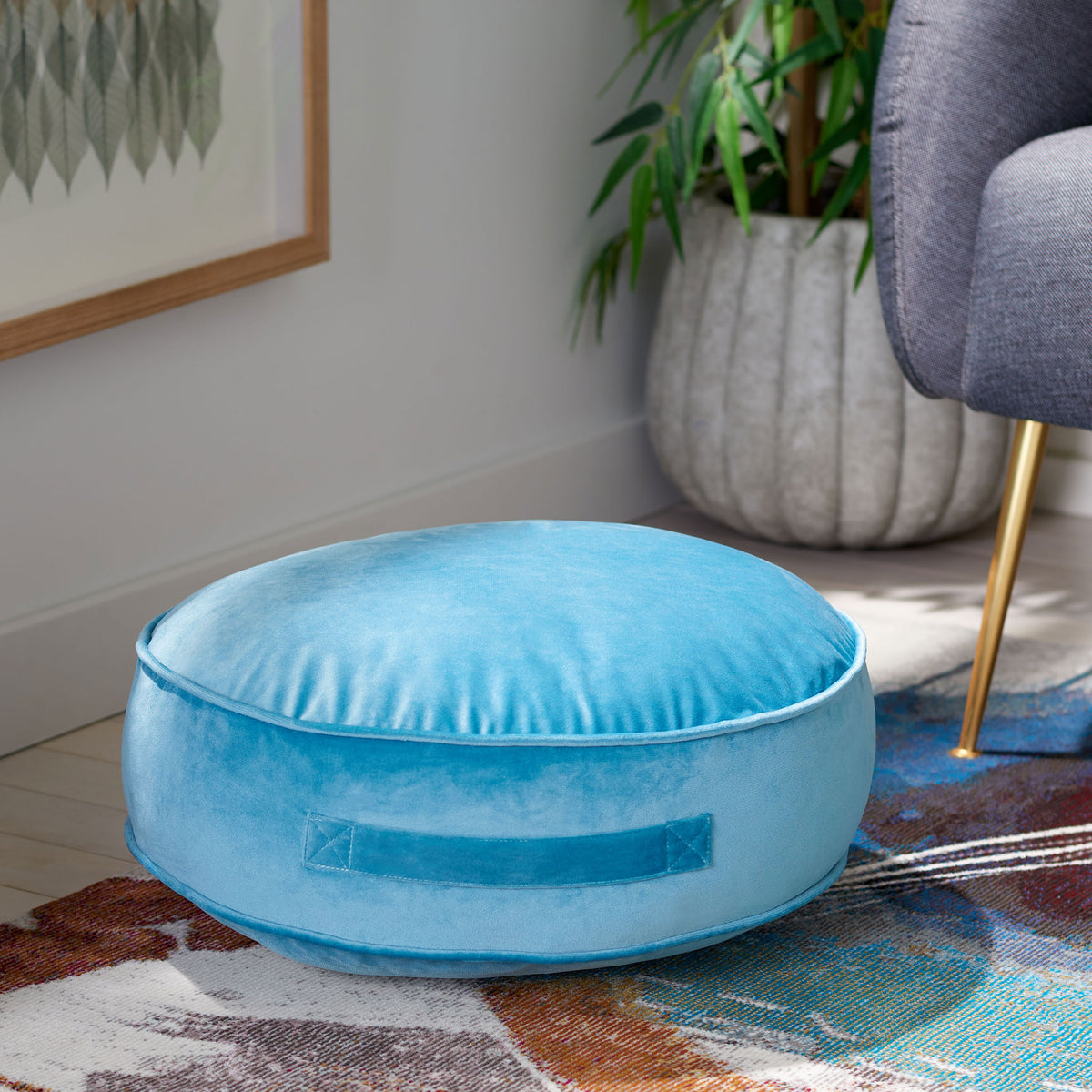Plump blue floor cushion offers a cozy perch with a convenient side carry strap || FLP1013B || front_angle_room