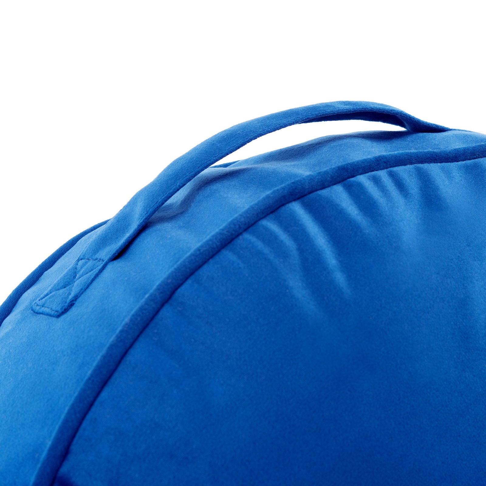 A matching blue carry strap arches over the cushion's soft, piped side || FLP1013C || handle_studio