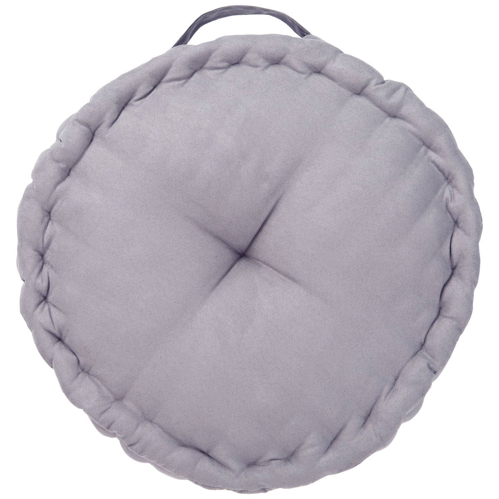 Soft gray round floor pillow features center tufting, a pillowy rim, and a fabric carry loop || FLP1014D || back_studio