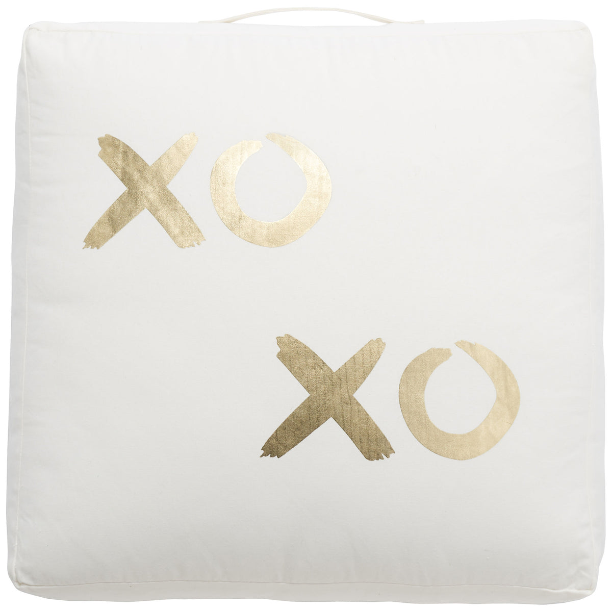 Staggered gold X and O motifs lend playful shimmer to this plush square floor pillow. || FLP1016A || front_studio