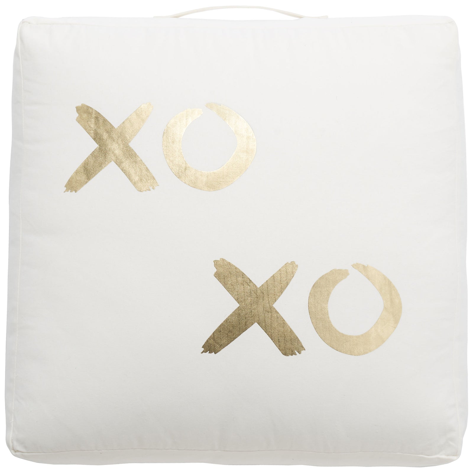 Staggered gold X and O motifs lend playful shimmer to this plush square floor pillow. || FLP1016A || front_studio