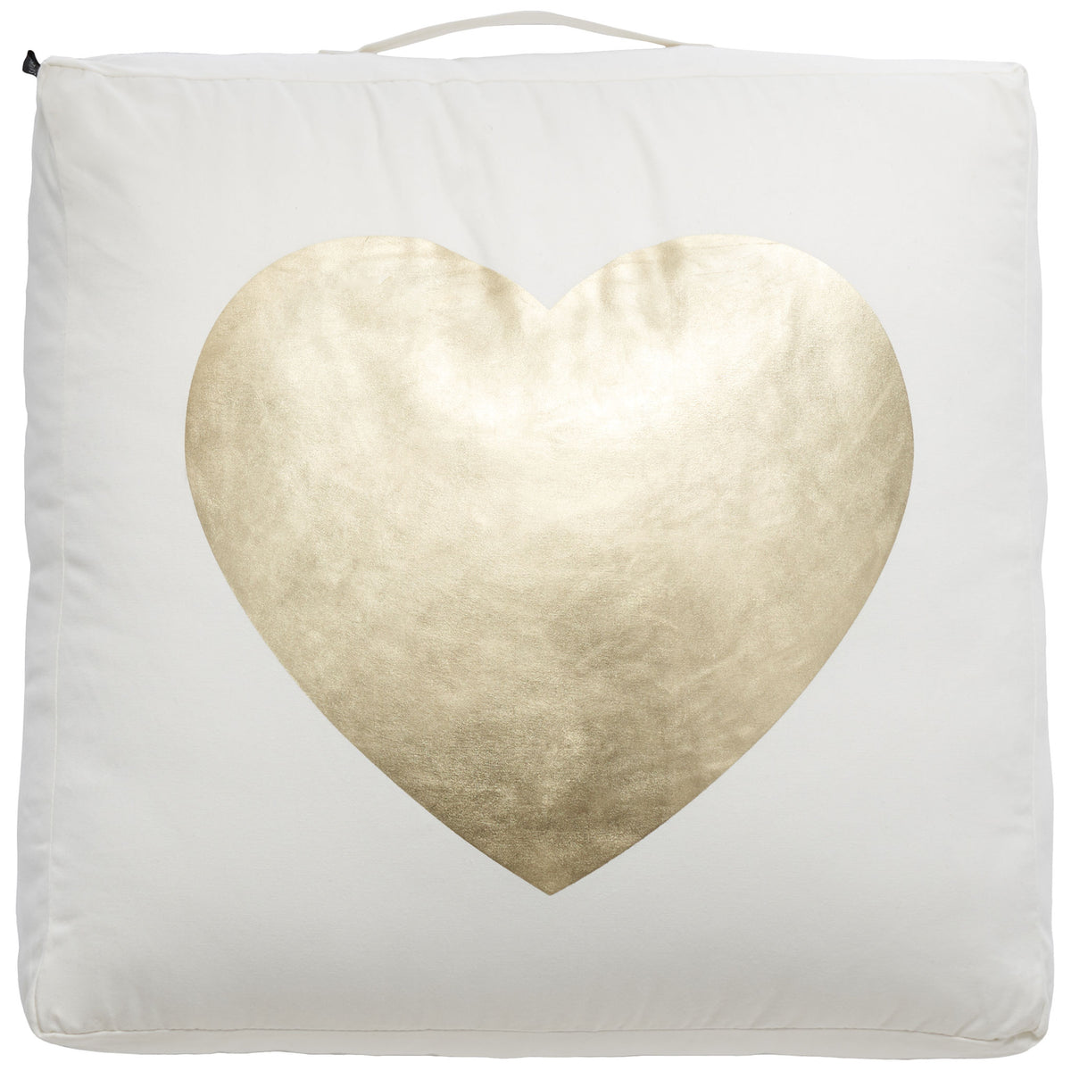 A gleaming gold heart adds a playful accent to this plush beige square floor pillow || FLP1017A || front_studio