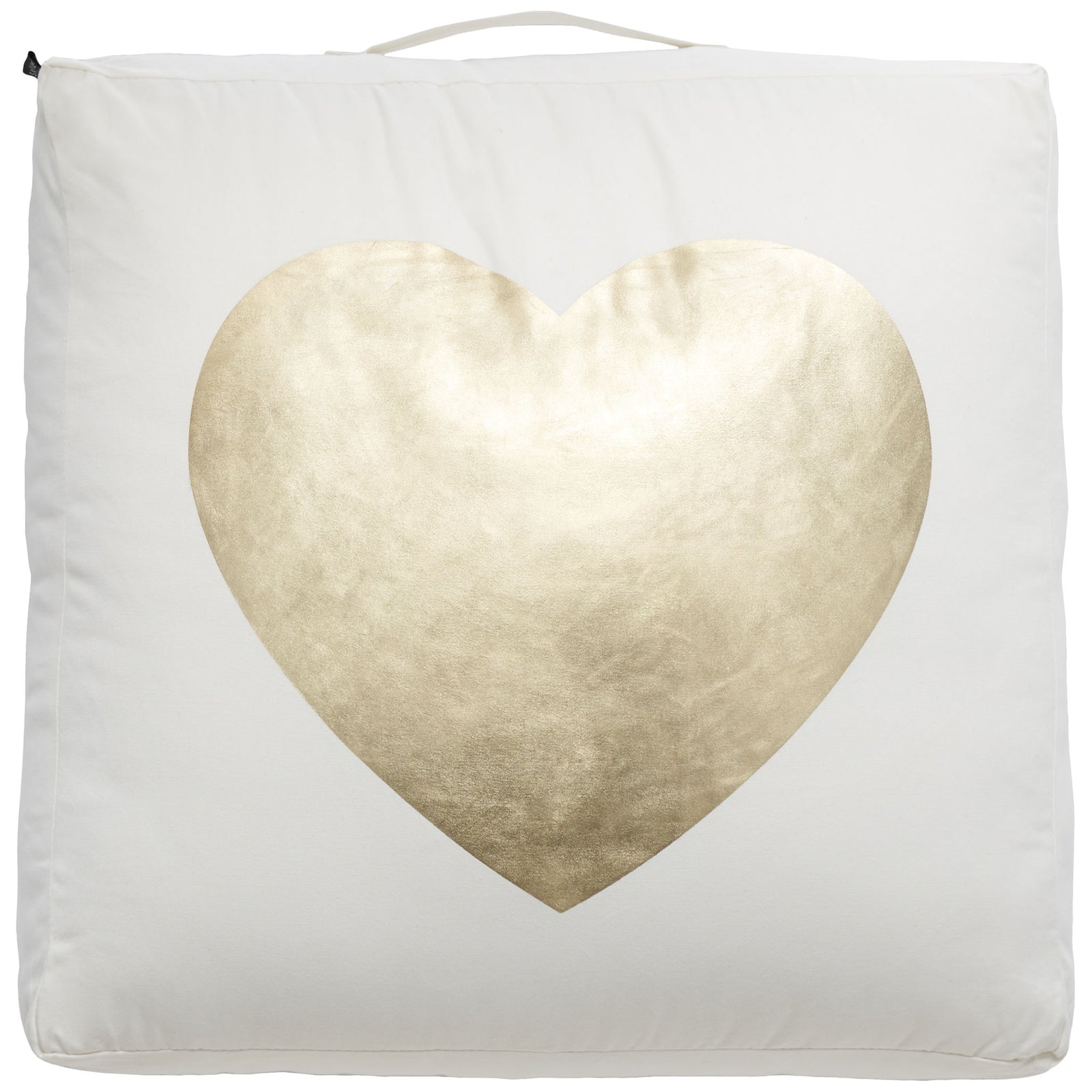 A gleaming gold heart adds a playful accent to this plush beige square floor pillow || FLP1017A || front_studio
