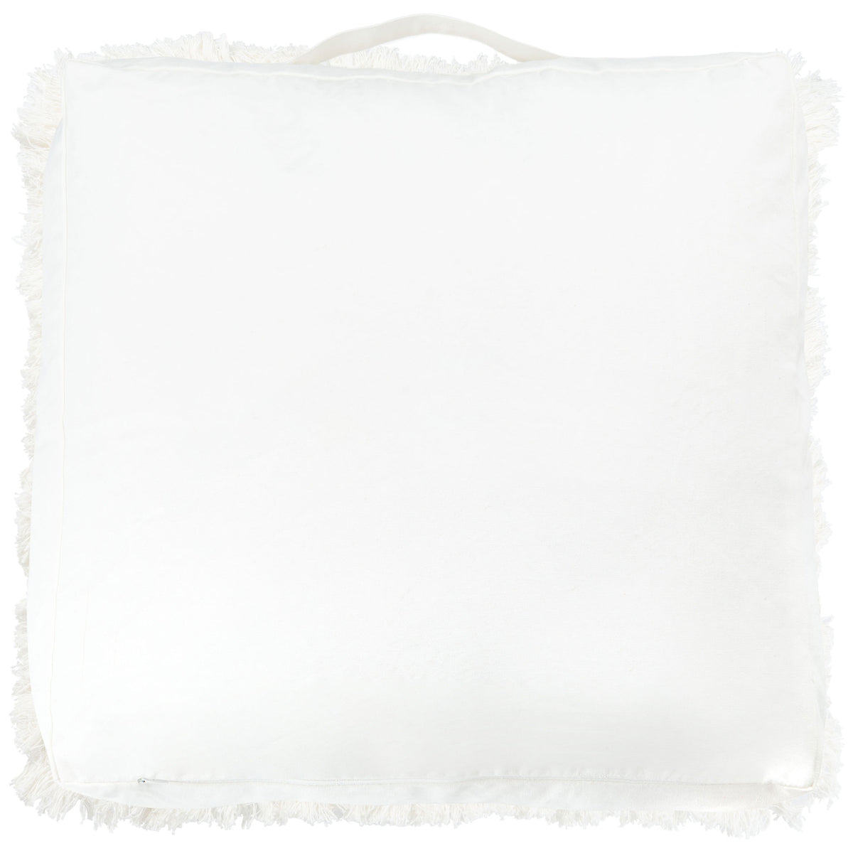 Smooth ivory backing and a fabric carry loop finish this fringe-trimmed floor cushion. || FLP1018A || back_studio