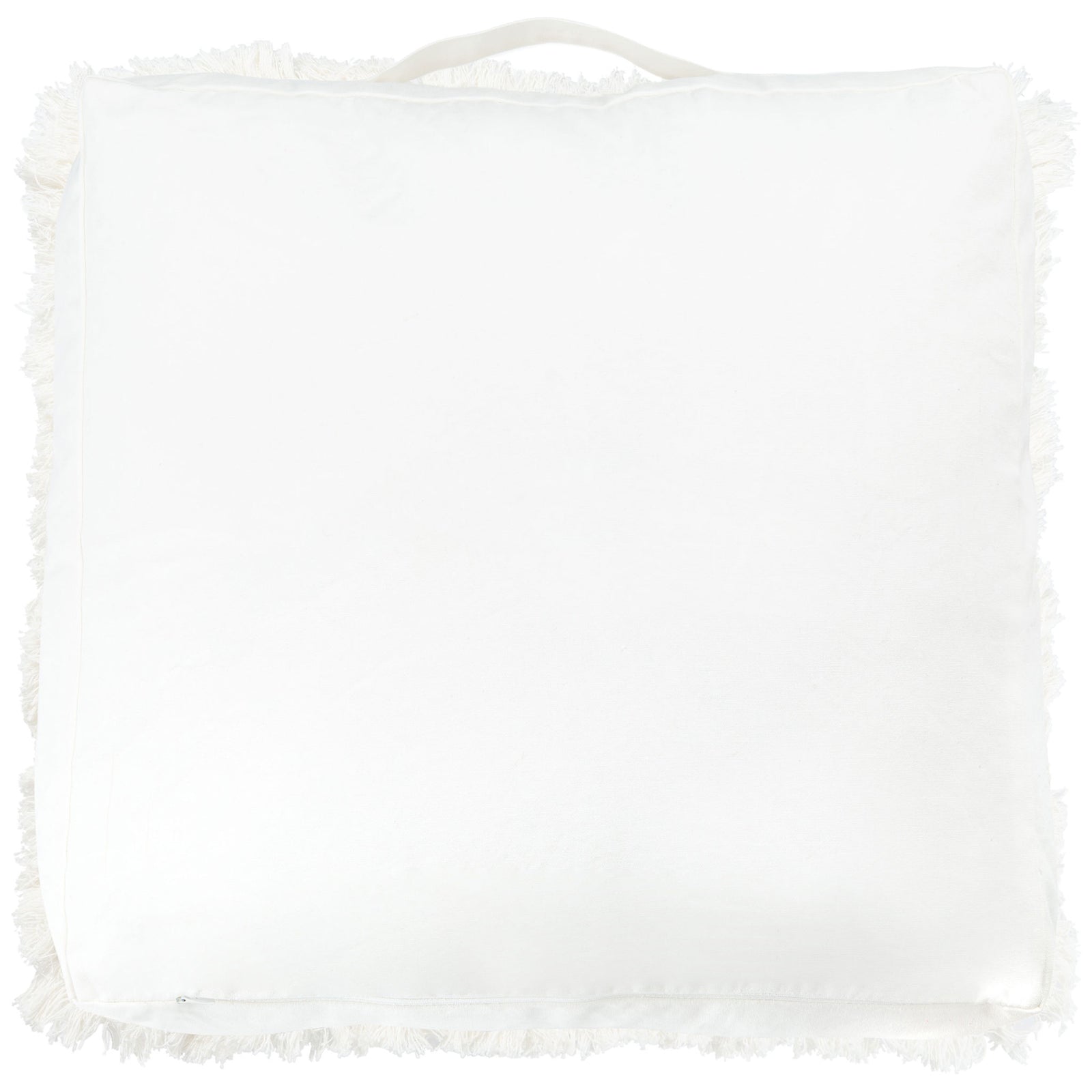 Smooth ivory backing and a fabric carry loop finish this fringe-trimmed floor cushion. || FLP1018A || back_studio
