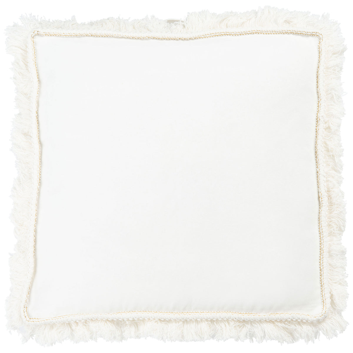 This ivory floor pillow pairs a smooth square center with braided trim and a feathery fringe border. || FLP1018A || front_studio