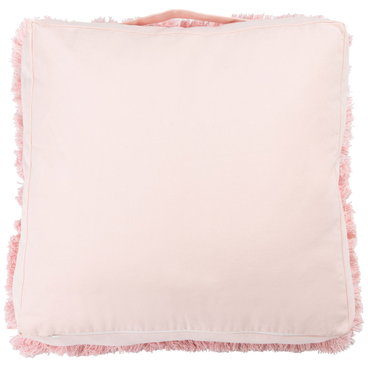 Soft pink fabric and a matching carry handle give this fringed floor cushion a neat finish. || FLP1018C || back_studio